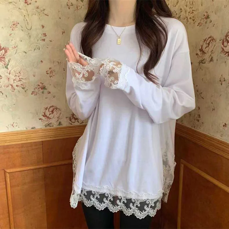 Stylish O-Neck Spliced Loose Ruffles Lace T-Shirt Women's Clothing 2022 Autumn New Oversized Casual Pullovers All-matc Tee Shirt