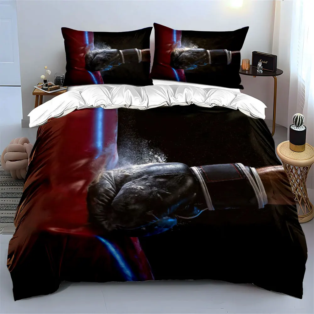 3Pcs Boxing Punching Bag Bedding Set, Black Glove Hitting Red Sandbag Print Duvet Cover + 2 Pillowcases, Sports Design for Boys