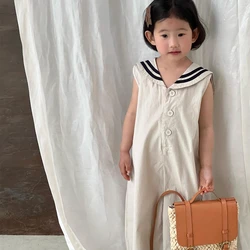 Korean Children's Jumpsuit 2023 Summer New Sailor Collar Navy Girl's One Piece Clothes Sleeveless Wide-leg Pants