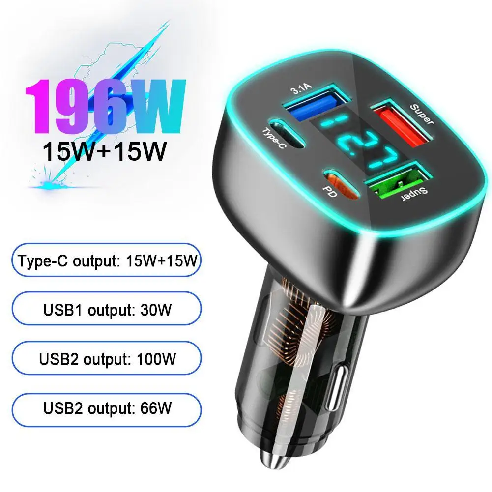 

196W USB Car Charger Quick Charge PD QC3.0 With Voltmeter Cigarette Lighter Socket Power Adapter For iPhone