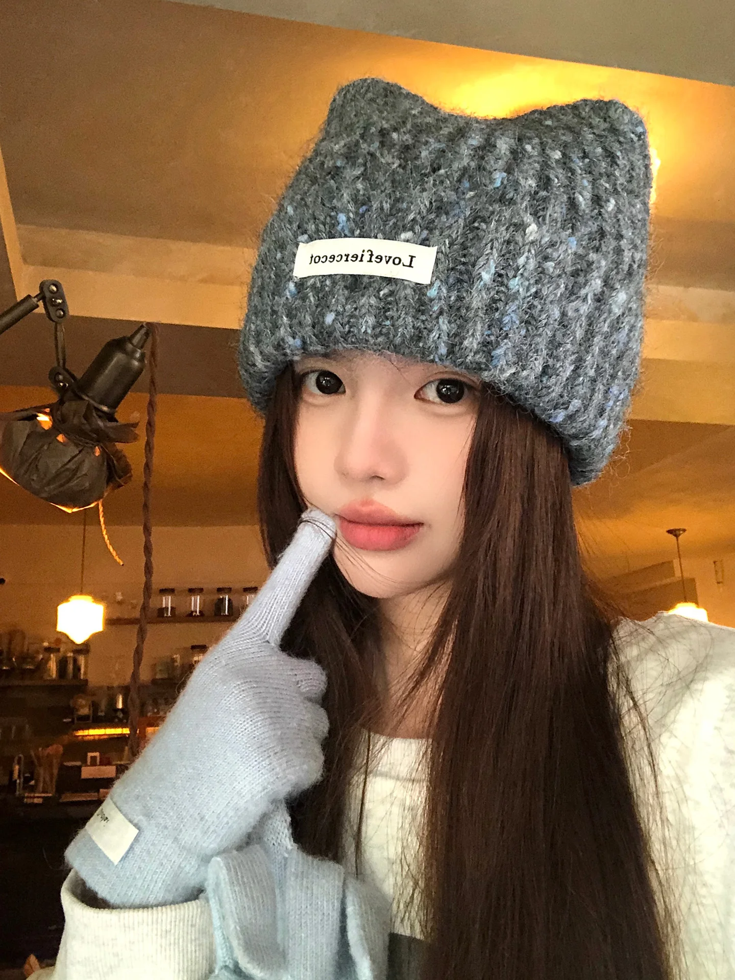 Cute Knitted  Ear Warm Winter Hat Women's Loose Style Fashionable Face Slimming Trendy Non-Adjustable round Top Cap