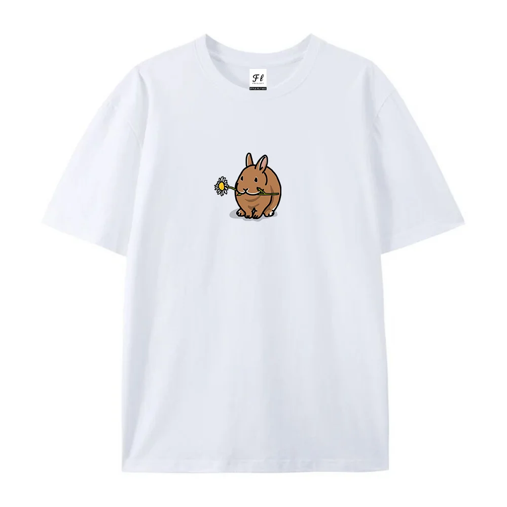 Cute Rabbit With Daisy Flower Graphic T‑Shirt Cartoon Bunny Print Cotton Casual Short Sleeve Aesthetic Animal Lover Gift