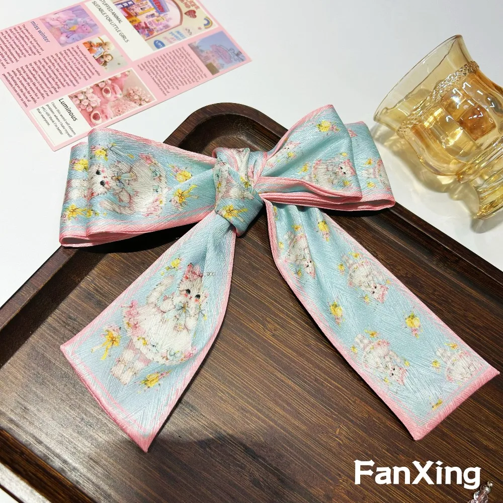 New Original Lolita Cat Illustration Silk Scarf Small Strip Streamer Ribbon Tied Bundle Hair Japanese Scarf
