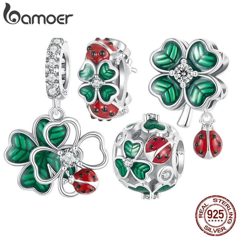 Bamoer 100% 925 Sterling Silver Four-Leaf Clover Pendant Charm Luck For Women Fit Bracelet DIY Fine Jewelry Birthday Party Gift