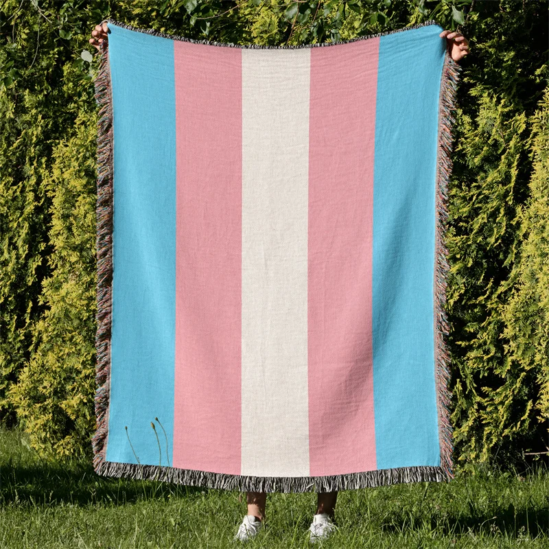 

Aertemisi Transgender Pride Flag LGBT Rainbow Jacquard Fringed Woven Throw Blanket