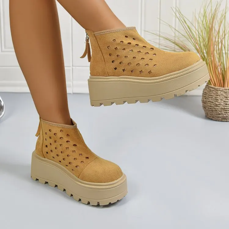 الرجعية كبيرة الحجم المرأة جوفاء تنفس أحذية بوت قصيرة 2025 جديد الخريف جولة تو الجلد المدبوغ عودة سستة المضادة للانزلاق منصة الأحذية #3