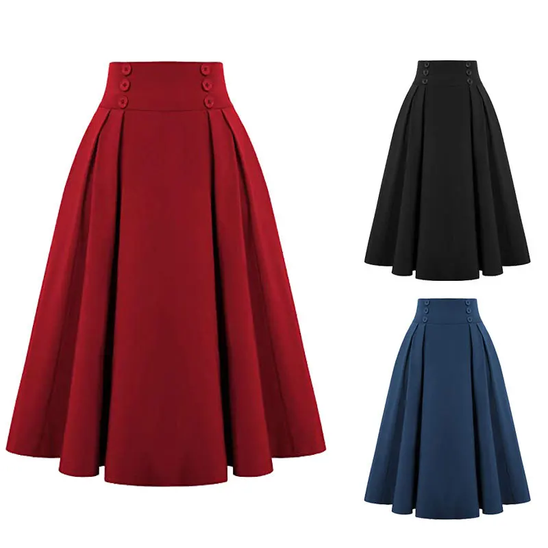 2022 Autumn Long Skirt Women Fashion Casual Midi Skirt With Pockets Vintage High Waist Pleated Skirt Black Jupe Longue Femme