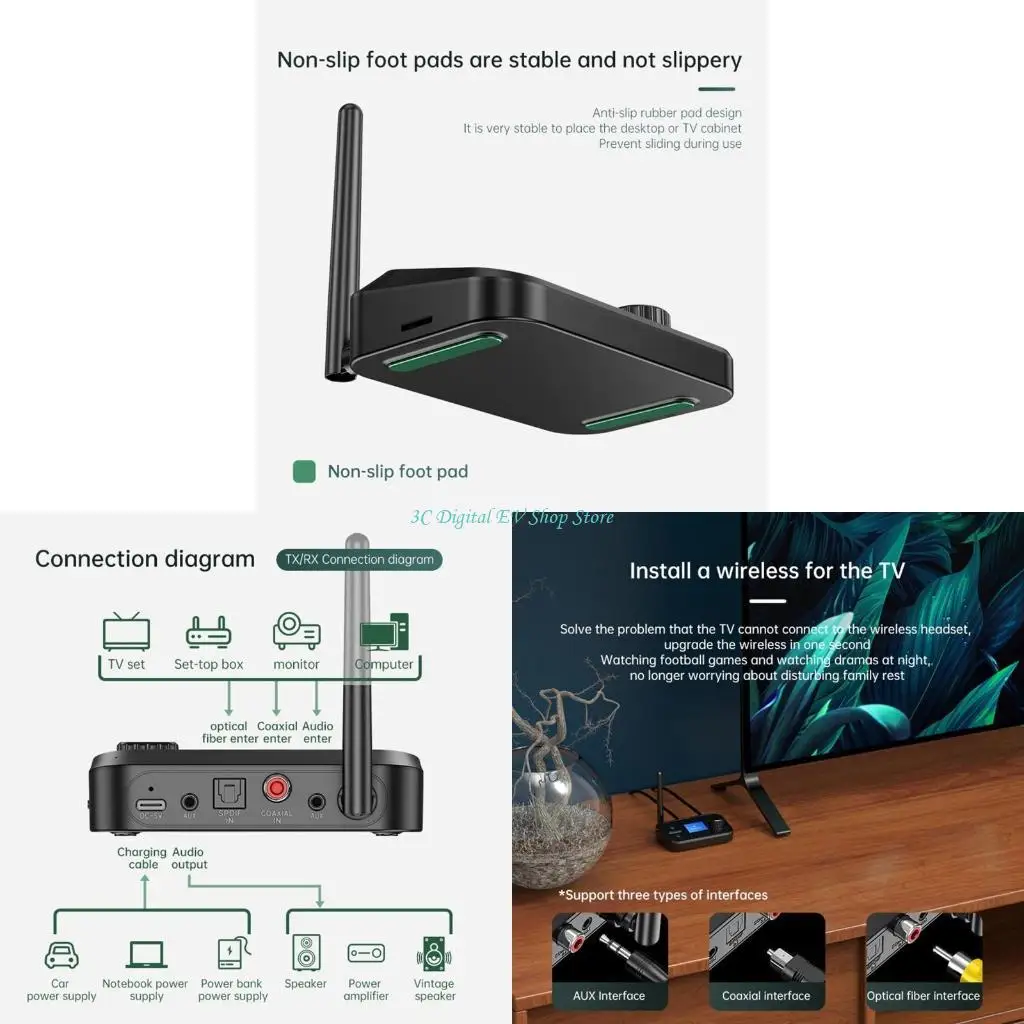 E74D Bluetooth-compatible RX Adapter RCA Optical Coaxial Wireless Transmitter Receiver for DC 5V Charging USB Char