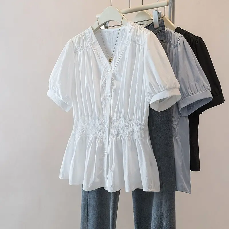 200 libras de talla grande cintura elástica Oficina señora tendencia camisa y blusa de manga corta Top sólido ropa de mujer con cuello en V francés Chic