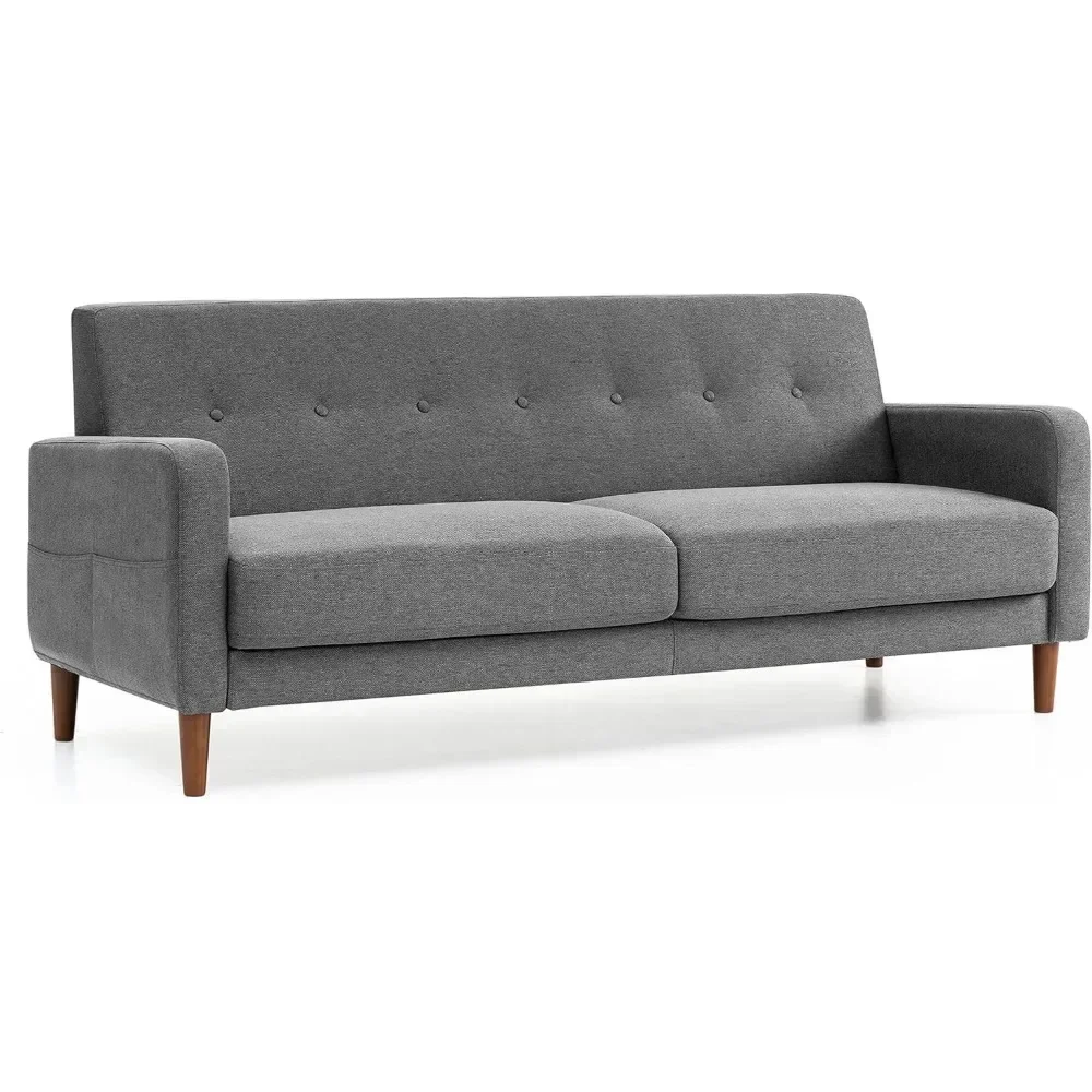 Mid-Century Modern Sofa Couch with Armrest Pockets, Tufted Linen Fabric, Dark Heather Grey，lint-resistant polyester linen