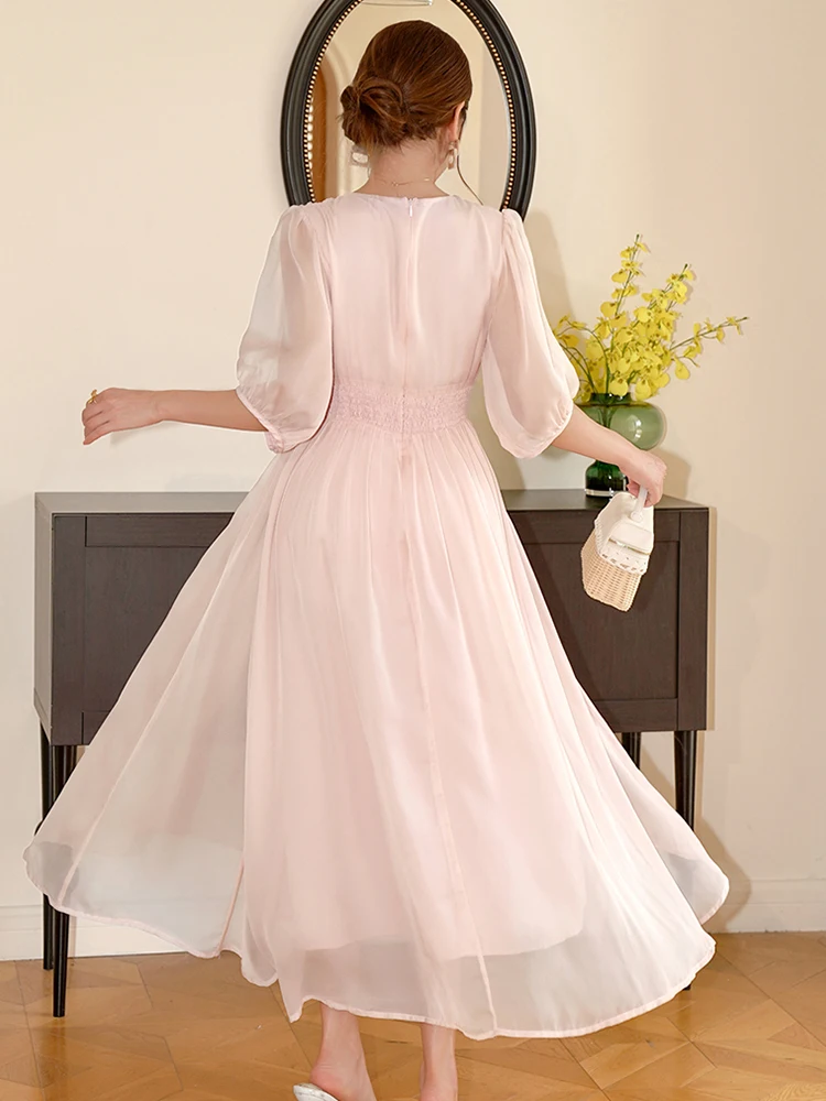 ชุดเดรสผู้หญิงผ้าชีฟองสีชมพู คอวี ทรงคอร์เซ็ท ความยาวปานกลาง ทรงเอไลน์  หรูหรา แฟชั่นสำหรับสุภาพสตรี  งานปาร์ตี้ งานพรอม งานวันเกิด ชุดลำลองสำหรับฤดูร้อน