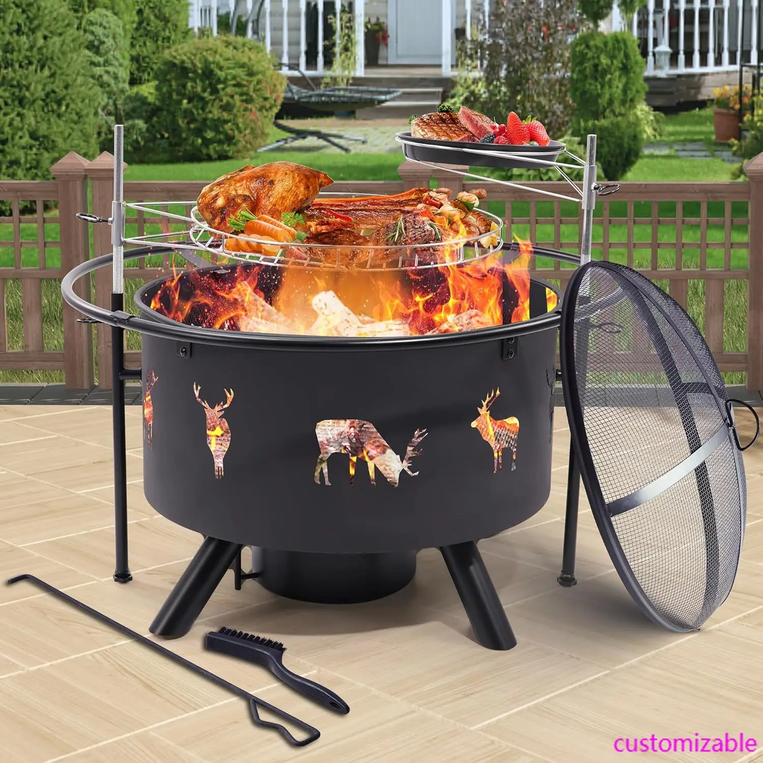 

32 Inch Large Fire Pit with 2 Grills, Outdoor Wood Burning Fire Pit with Cooking Grate, Lid, Poker and Round Waterproof Cover