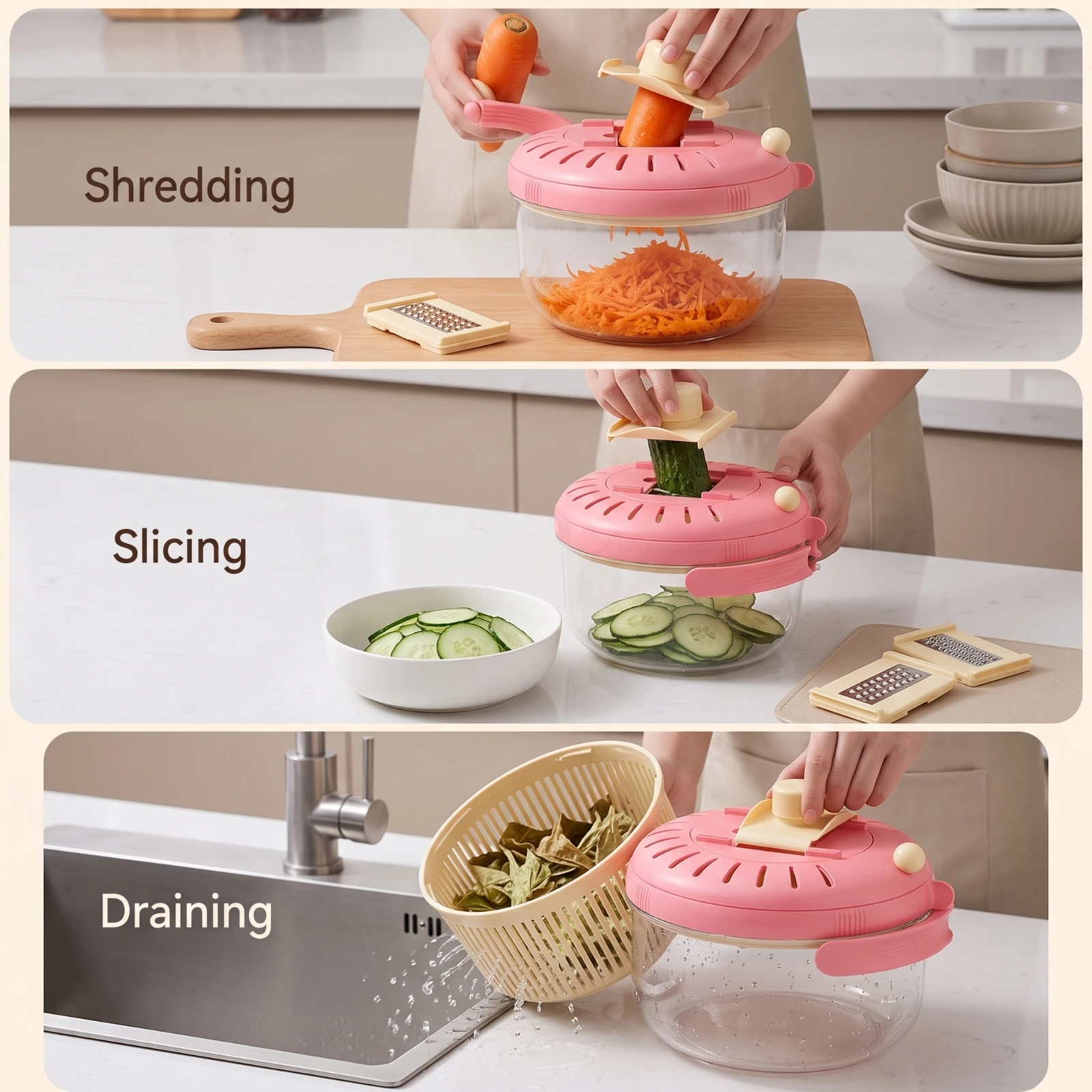 Vegetable Cutter with Strainer Interchangeable Multi Blade Kitchen Grater Vegetable Chopper with Finger Guard Multifunctional