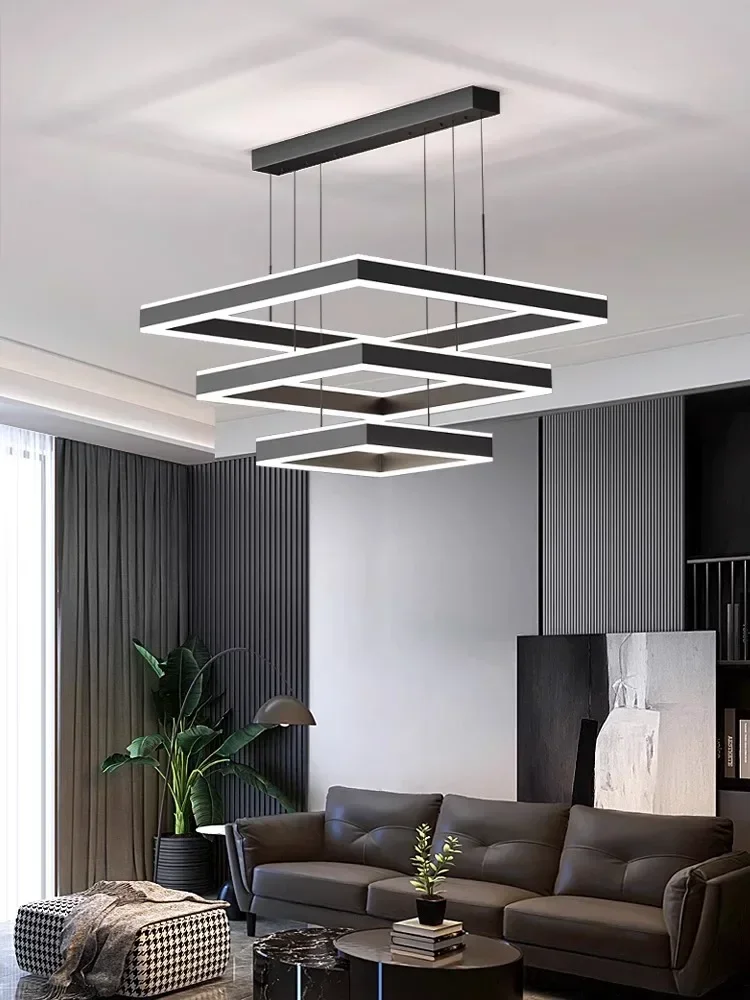 Nordic Black Square Led Pendant Lights Living Room Aluminium Lustre Hanging Lamp Minimalism Bedroom Home Decorations Chandeliers