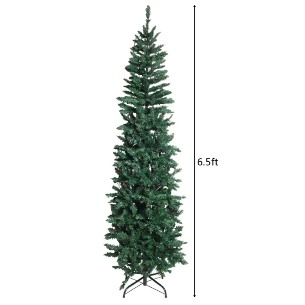 Green 6.5ft 250 Lights Warm 8 Patterns 719 Branches Pointed Pencil Shape Leaves Made of Eco-friendly PVC Material Christmas Tree