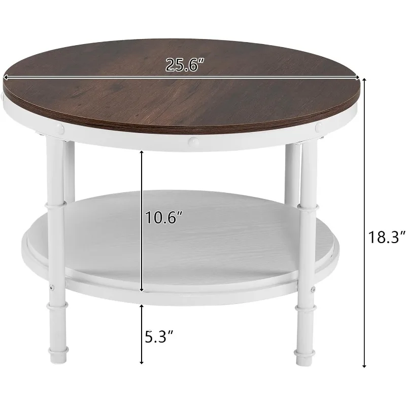 25.6" Rustic Oak White Round Farmhouse Coffee Table, 2-Tier Storage Wood Center Circle Accent Table for Living Room