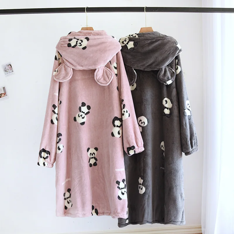 Winter Flannel Sleepwear Nightwear Cute Panda Hooded Bathrobe Loose Loungewear Homewear Couple Loose Nightgown with Pocket