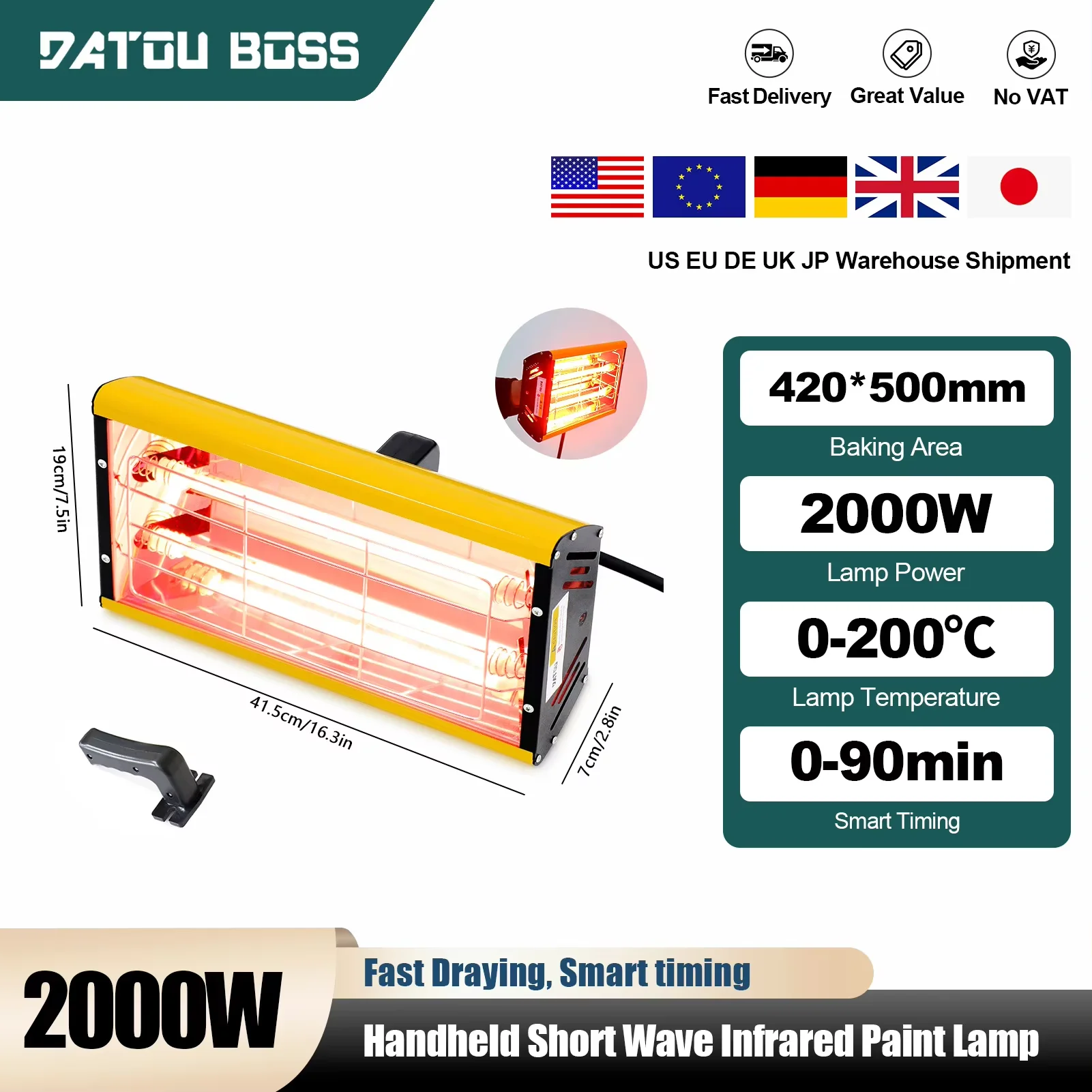 

DATOUBOSS Handheld Short-Wave Infrared Paint Lamp 2000W Smart Timer 0-90min Paint Curing Lamp for Drying Heating Car Body Paint