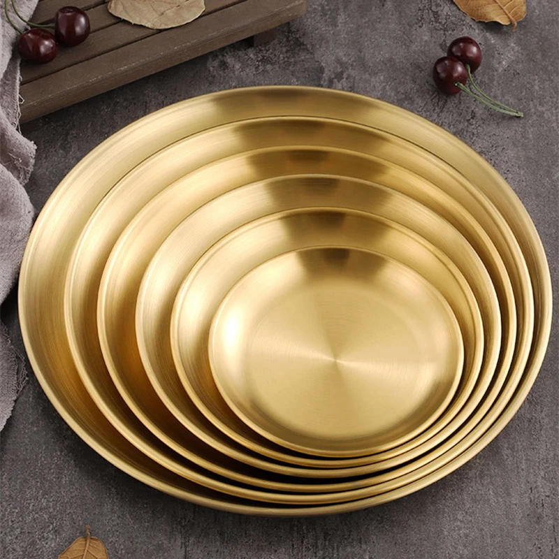 Stainless Steel Round  Food Storage Tray Korean Style Steak BBQ Buffet Plates Durable Thicken Shallow Dishes Kitchen Tools