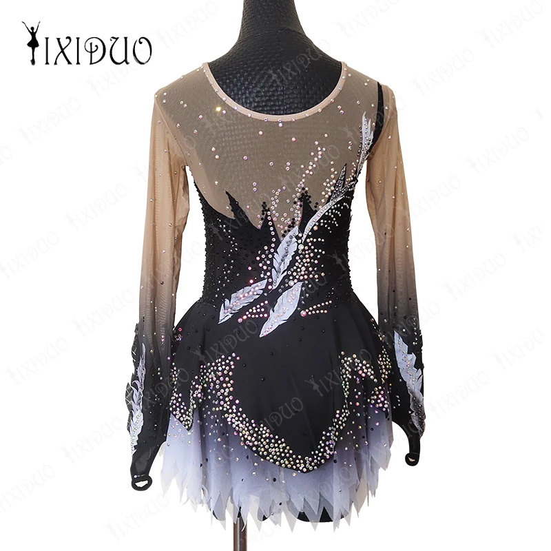 Adult Kids Figure Skating Costume Ice Figure Skating Dress Rhinestone Crystal Long Sleeve Mesh Spandex Stretchy Performance Wear