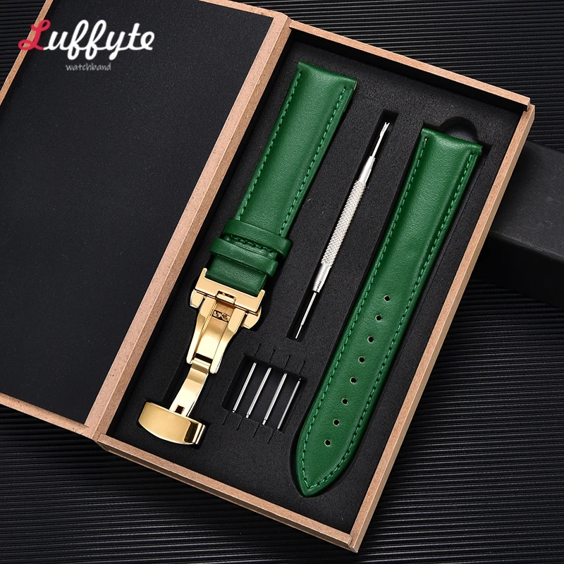 Leather Watch Band Strap with Box Automatic Butterfly Clasp 18mm 20mm 22mm 24mm Leather Watchband Blue Green Strap Men Women