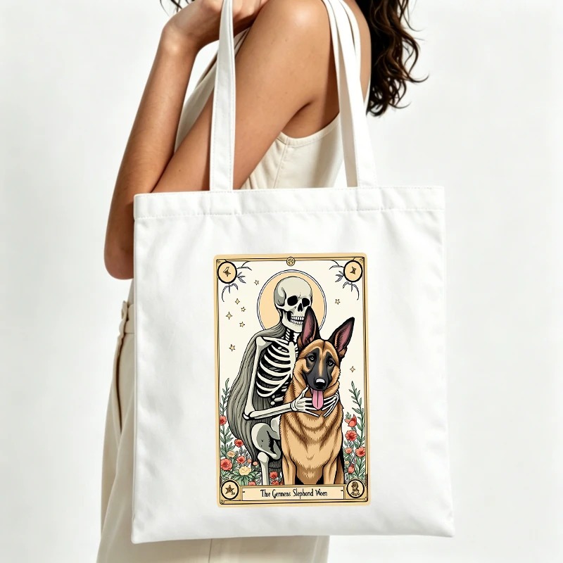 Women's skeleton and German Shepherd graphic canvas tote bag with vintage art print, ideal for casual daily use and weekend
