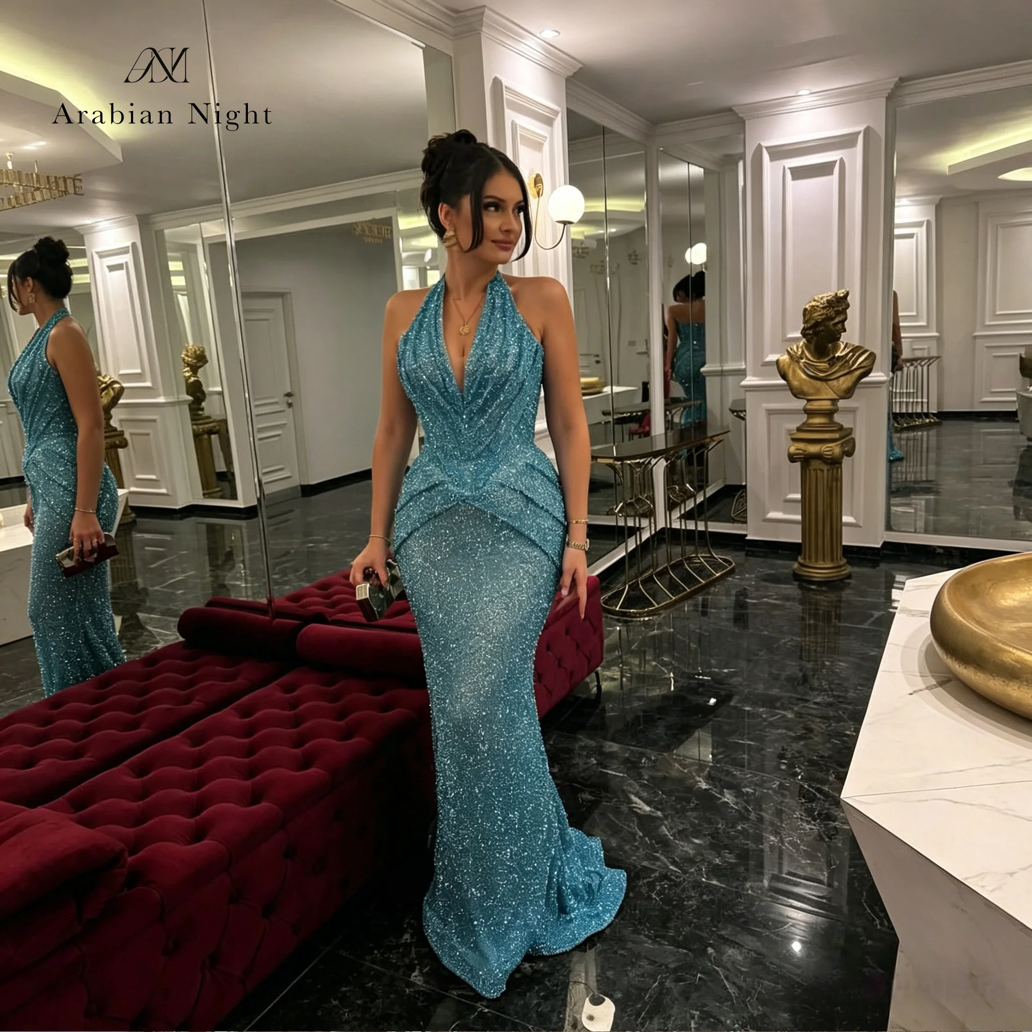

Customized Shiny Glitter Blue Mermaid Evening Gown Sexy Halter Neck Formal Women's Dress Elegant Semi-Formal Occasion Wear