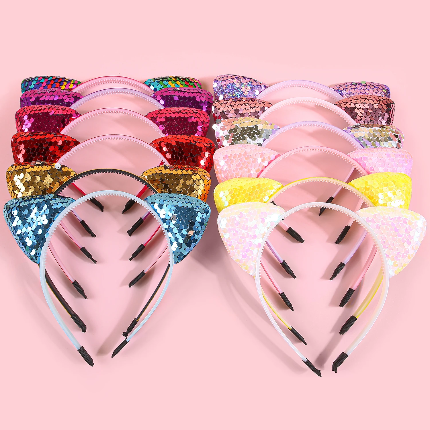 6/12pcsSequin Cat Ears Headband Shiny Hair Hoop Cute Bling Kitty Hairband Hair Accessory for Girl Daily Wearing Party Decoration