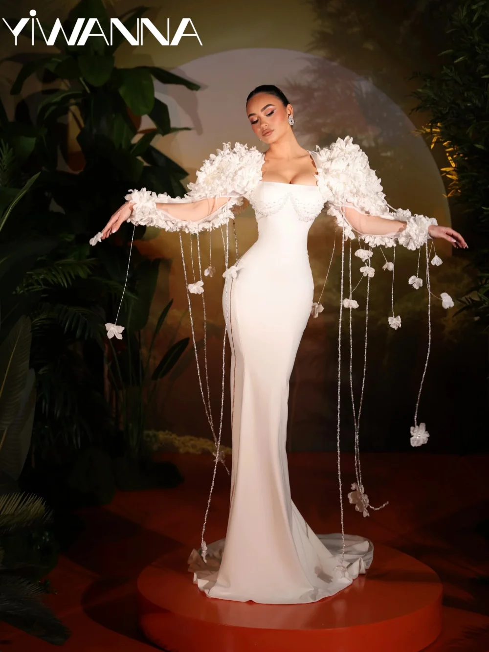 

Shinny Pearls Tassel Wedding Dress 3D Floral Satin Mermaid Bridal Gown New Customized Dreamy Floor-length Dresses For Bride