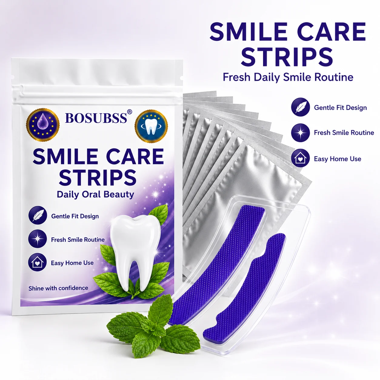 2 Pairs Purple Smile Care Strips, Daily Oral Beauty Teeth Strips, Gentle Fit Easy Home Use Fresh Smile Routine