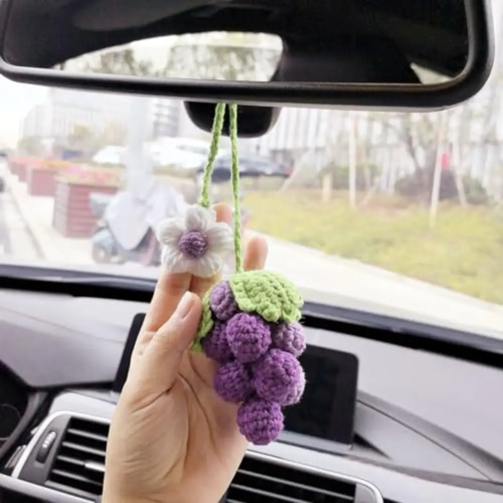 Cute Car Rear View Mirror Hanging Accessory Multi-purpose Handmade Knitted Strawberry Pendant Car Decor Crochet Pagination Mark
