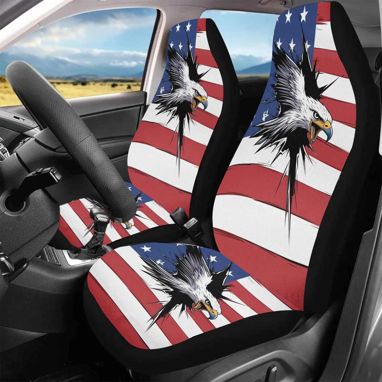 Car Seat Covers American Flag Eagle Print | Red White Blue Patriotic Design, Non- Polyester Fabric, Universal Fit For Car Interi