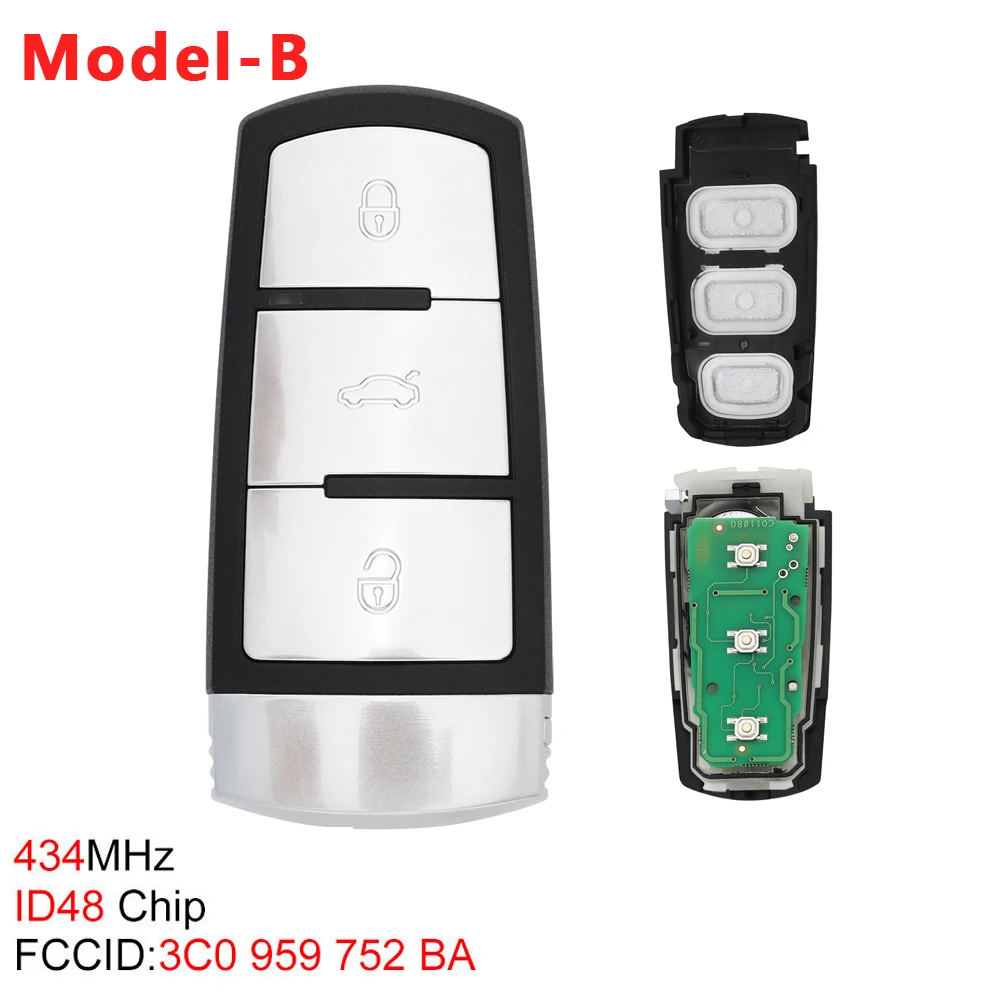 433/434MHz 3 Buttons  Keyless Uncut Flip with ID48 Chip 3C0959752BA Smart Remote Key Fob Fit for VW/Passat/Magotan CC 2006-2011