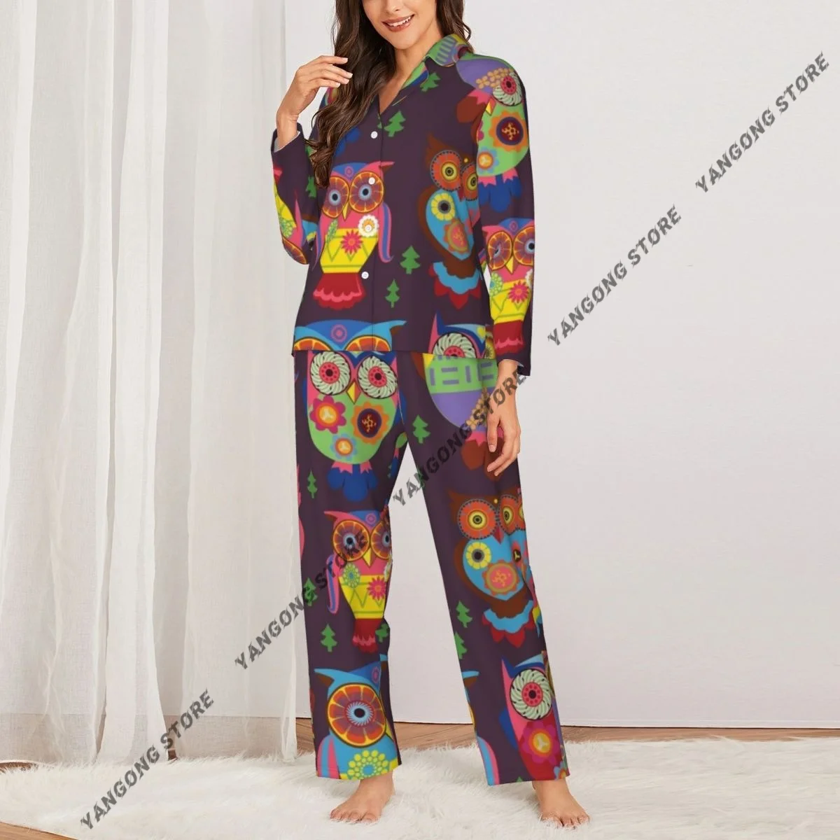 الربيع والخريف طويلة الأكمام السراويل منامة المتسكعون مجموعة الملونة البومة المرأة سحب حافة فضفاضة النوم البدلة