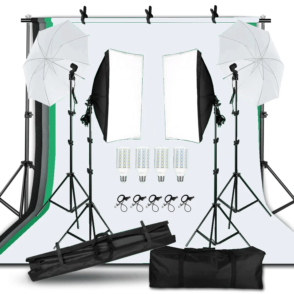 Photo Studio Lighting Kit 2x3M Background Support System With 4Pcs Backdrop Photography LED Light Softbox Umbrella Tripod Stand