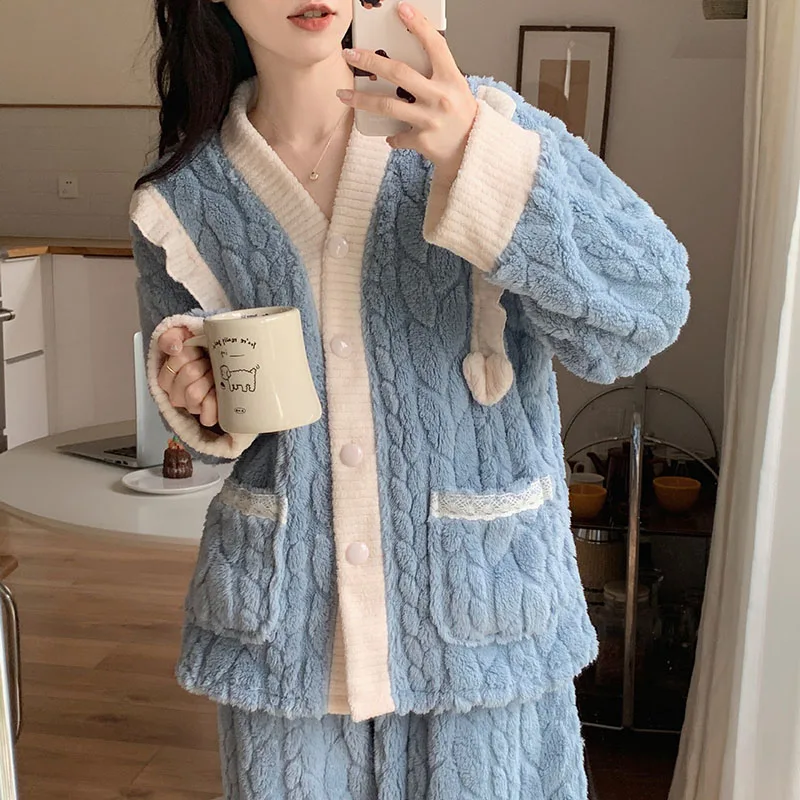 Winter Thickened Fleece Pajamas Women\'s V-neck Sweet Warm Flannel Home Suit Set Ladies Outerwear Cardigan Pants Set Sleepwear