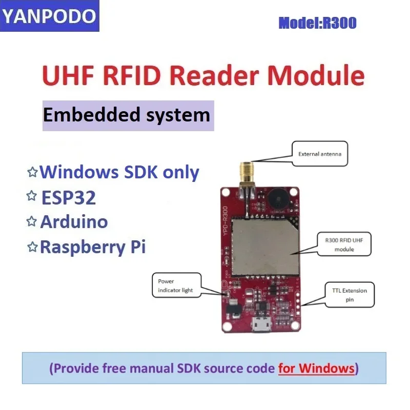 Module de lecteur RFID R300 UHF pour ESP32 Raspberry Pi Arduino TTL UART contrôle d'accès antenne longue portée 0-9dBi SDK gratuit inclus