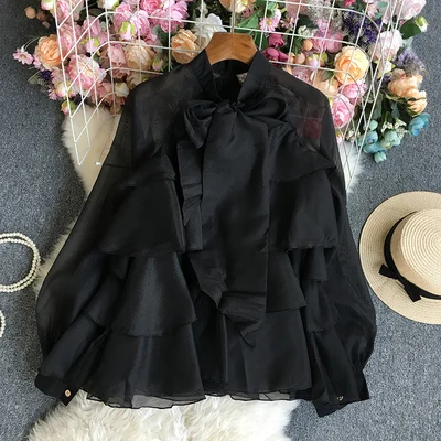 

Korean Fashion Sweet Big Bow Ribbon Solid Color Shirt Top Elegant Ruffled Pullover Blouse 2023 Spring Summer New Blusas Feminina