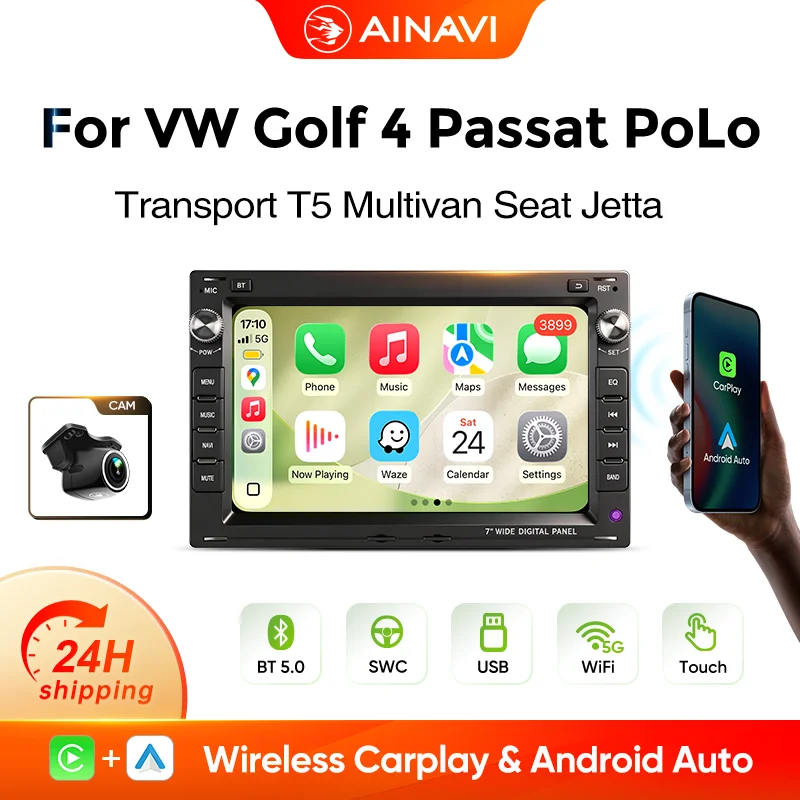 AINAVI 7 Zoll Autoradio für VW Passat B5 MK4 MK5 Golf 4 Polo Bora Jetta T5 Linux-System Kabelloses Carplay Android Auto Bluetooth GPS Autoradio Autobildschirm Auto-Infotainment Apple Carplay