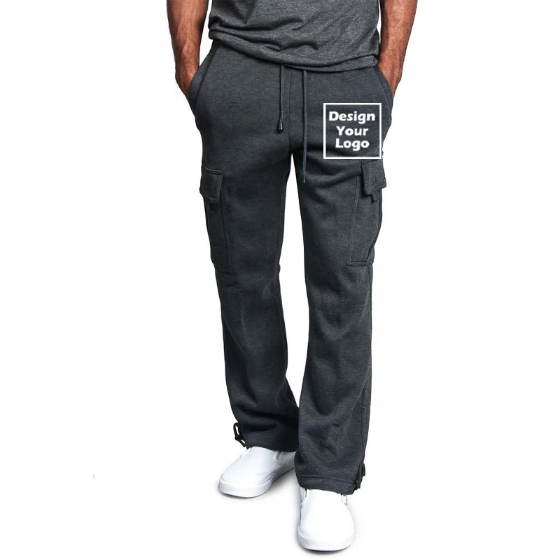 Men's Customize DIY Logo Cargo Pants Fleece Loose Drawstring Pockets Sports Winter Straight Trousers Jogging Long Hip Hop Pants