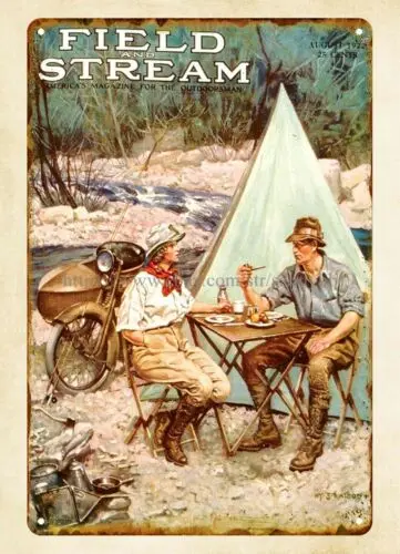 wall art 1922 Field and Stream magazine cover couple on campsite metal tin sign