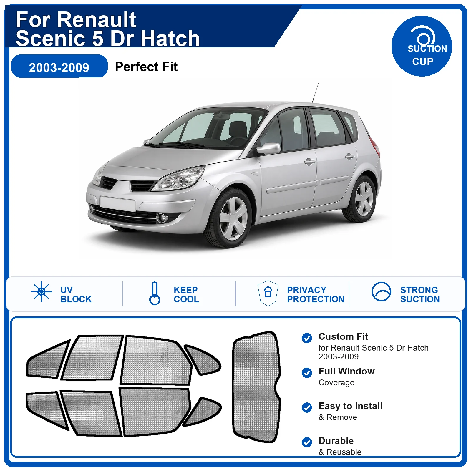 For Renault Scenic 5 Dr Hatch 2003-2009 Custom Full Set Windshield Sun Shade Aluminum Foil Heat Insulation Anti UV Foldable