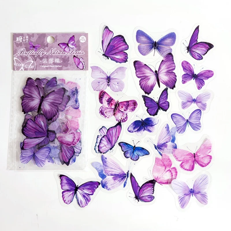 40 stuks kleurrijke vlinderstickers van PET, voor doe-het-zelfdecoratie, geschikt voor dagboeken, scrapbooks en albums.