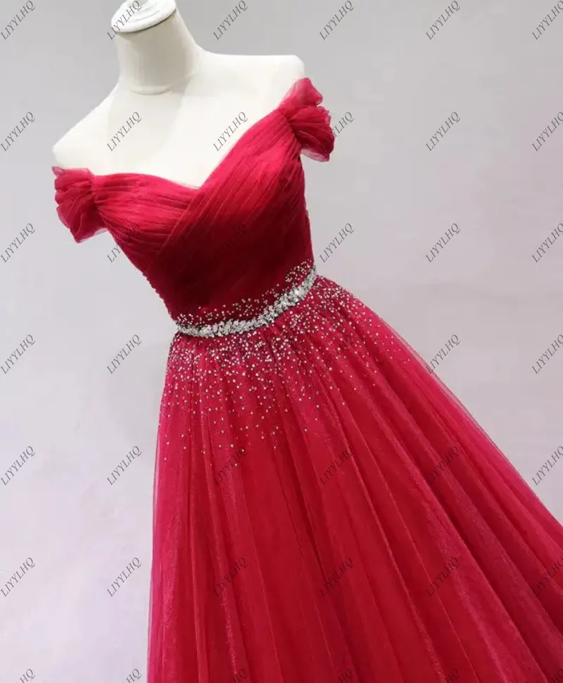 LIYYLHQ Elegant Lace-Up Red Prom Dress Beaded Off Shoulder A-Line Tulle Evening Dress Popular Watteau Train Women Robes de Soiré