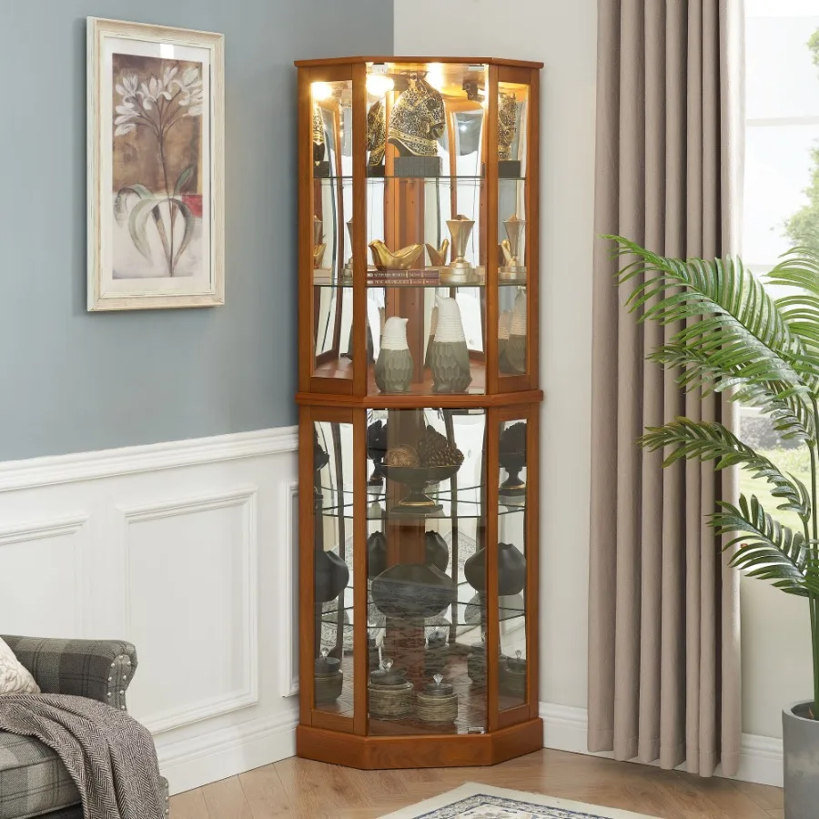 6 Shelf Corner Curio Display Cabinet with Lights Mirrors and Adjustable Shelves E26 light bulb not included