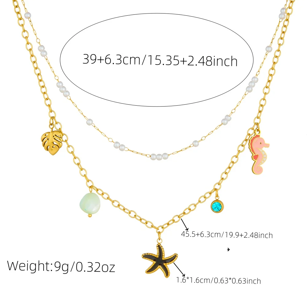 DIEYURO 316L Stainless Steel Pearl Leaf Seahorse Black Starfish Double-layer Necklace For Women Fashion Neck Chain Jewelry Gift