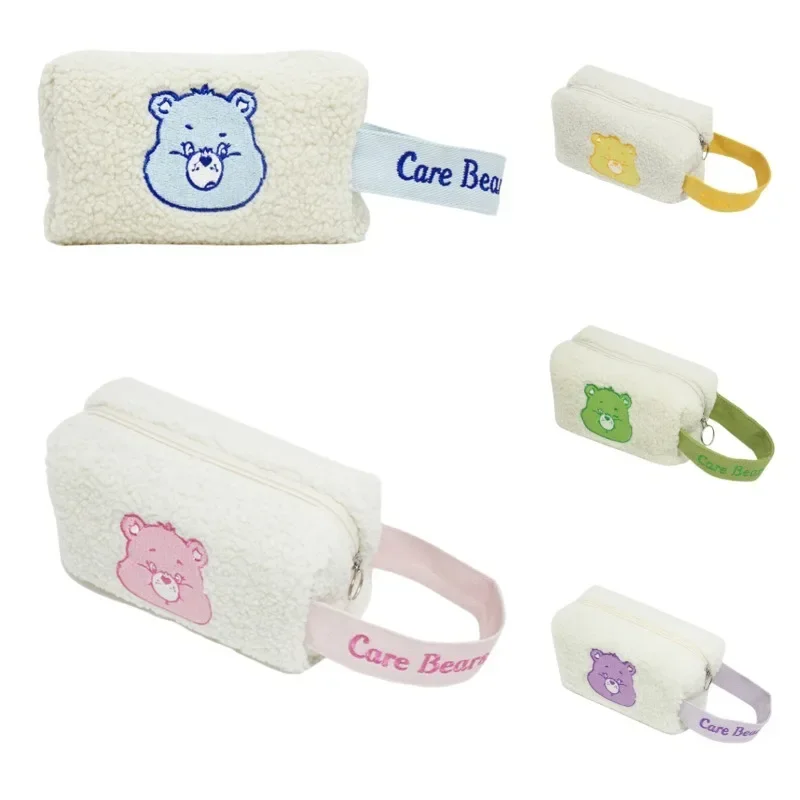 MINISO Carebears Plush Embroidery Cosmetic Bag Cartoon Happy Bear Wallet Large-capacity Stationery Storage Gifts for Girls