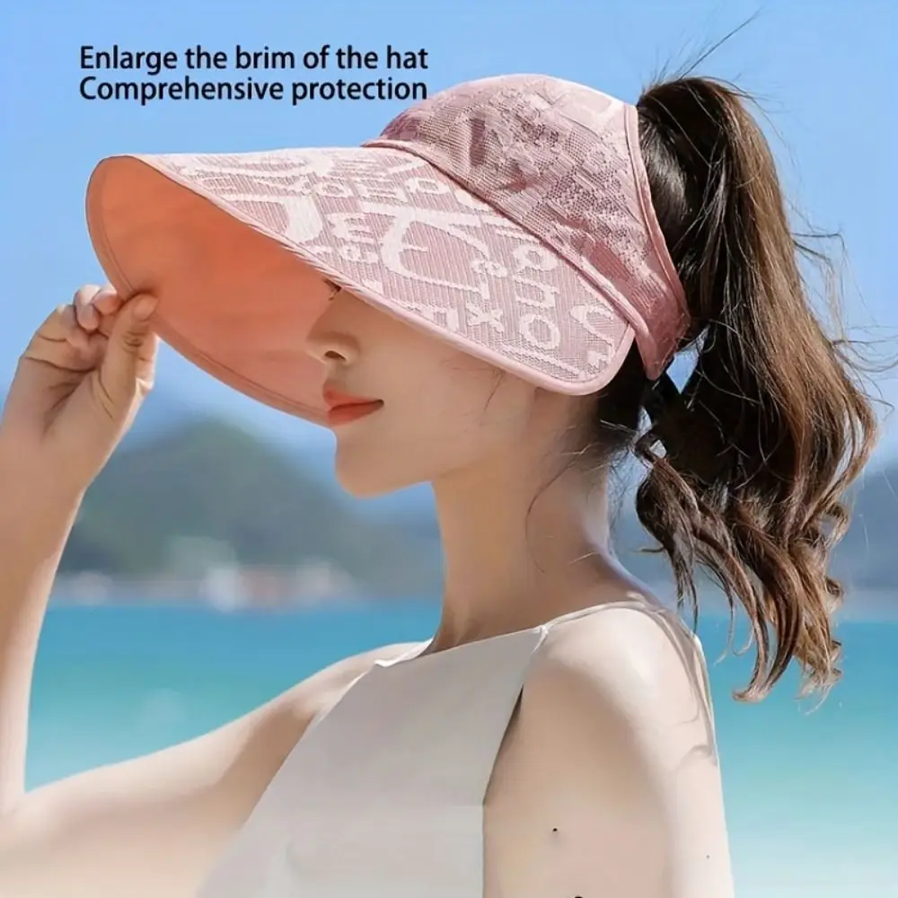 Letter Large Brim Sun Hat UV Protection Stripes UV Protection Hat Breathable Removable Summer Panama Hat Cycling