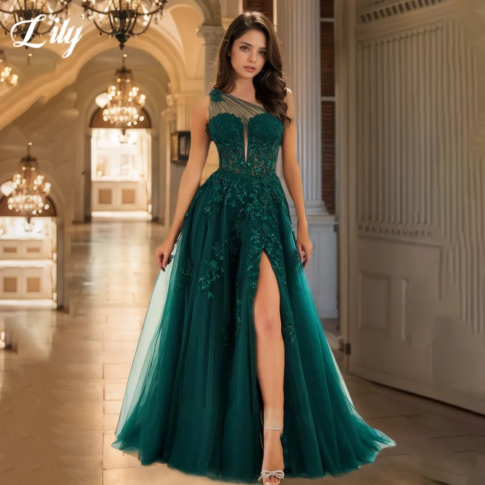 

Lily Green Elegant Prom Dress Sweetheart One shoulder Hollow Party Dress with Fishbone Lace Applique Split Ball Gown Customized