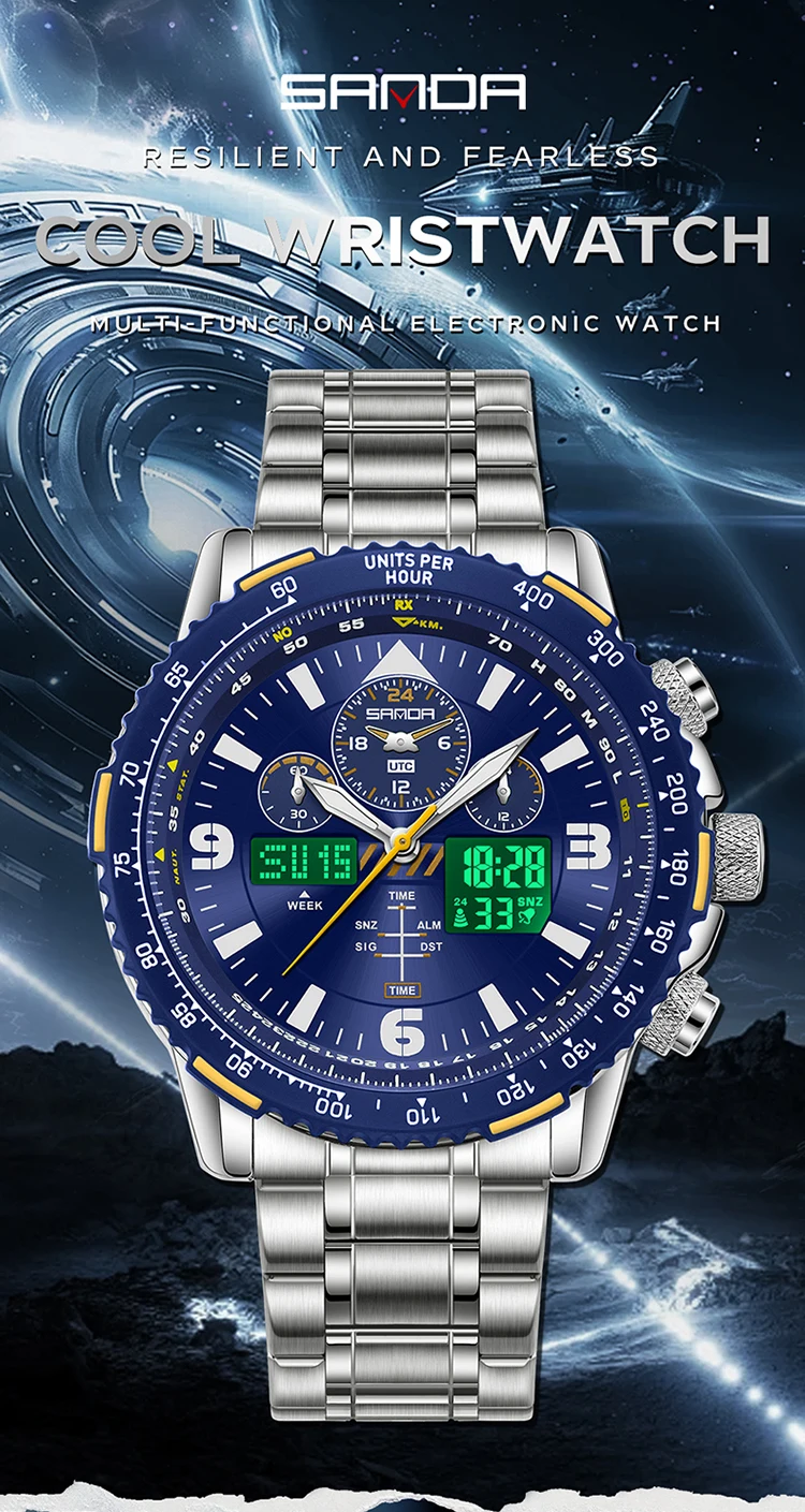 SANDA Neue Business-Quarzuhren für Herren, modisches Edelstahlband, Datum, multifunktionaler Chronograph, 5 Bar, wasserdichte Uhr – Detail 1
